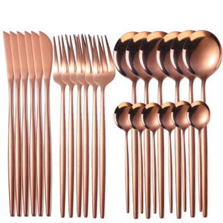 Kit 24 Talheres Dourado Rosé Slim Em Aço Inox Cozinha Chique