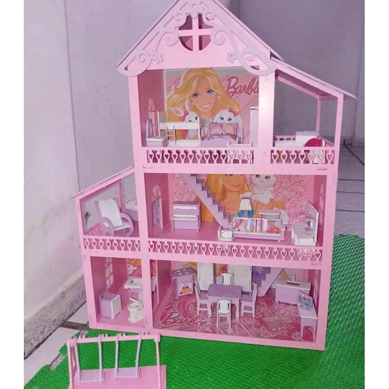 Casinha De Boneca Barbie Mdf Pintada Adesivada + 43 Móveis cru - A