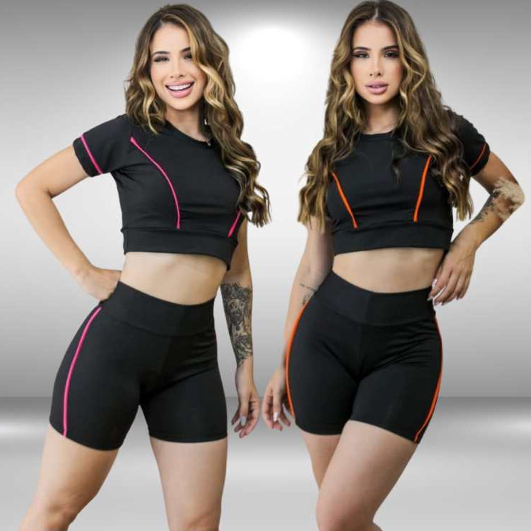 Conjunto academia blusa cropped top short suplex cintura alta feminino  fitness