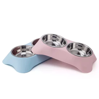 Comedouro, Alimentador Pet Duplo Para Cachorro Gato 2 Pratos de Inox e Base Plástica Resistente