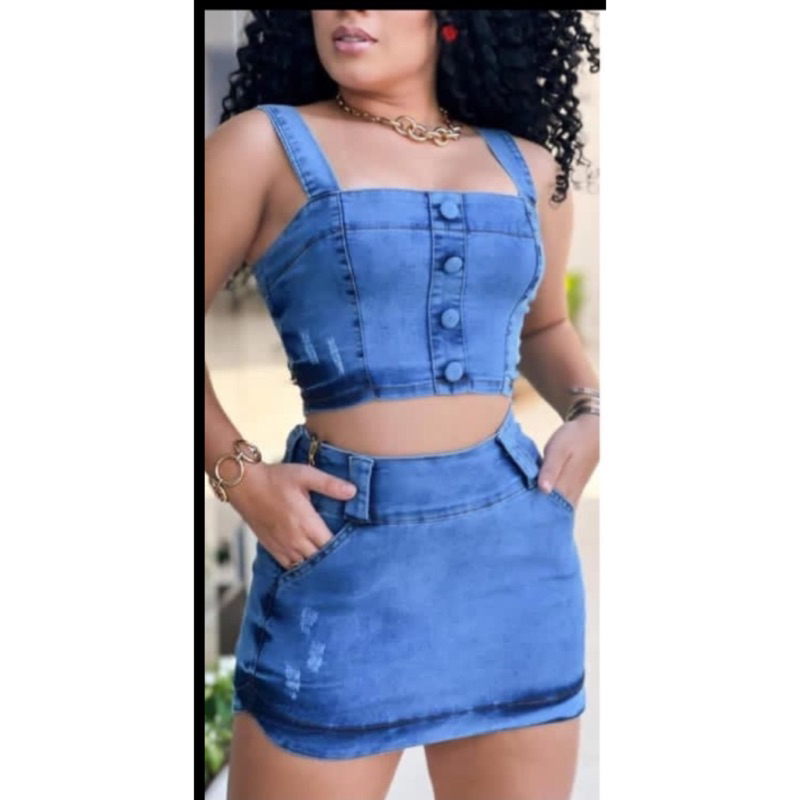 Conjunto jeans saia e hot sale jaqueta