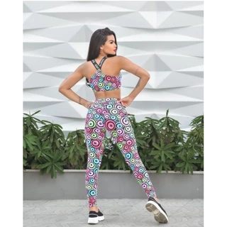 Conjunto fitness Top Cropped com bojo + legging ilhós SUMMI FITWEAR poliamida estampado
