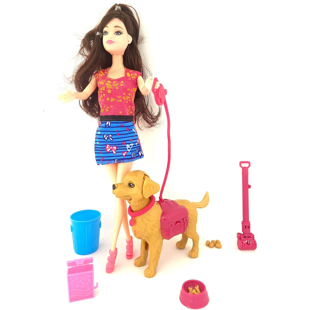 Boneca Modelo Tipo Barbie Pet Com Cachorro Faz Cocô Passeio TIKTOY10026