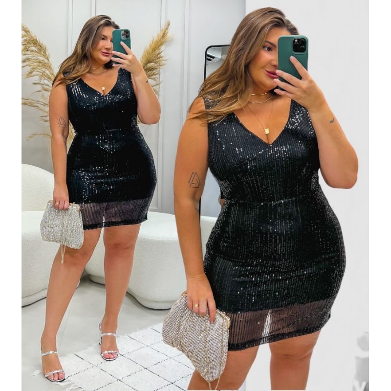 Vestido paete preto plus 2024 size