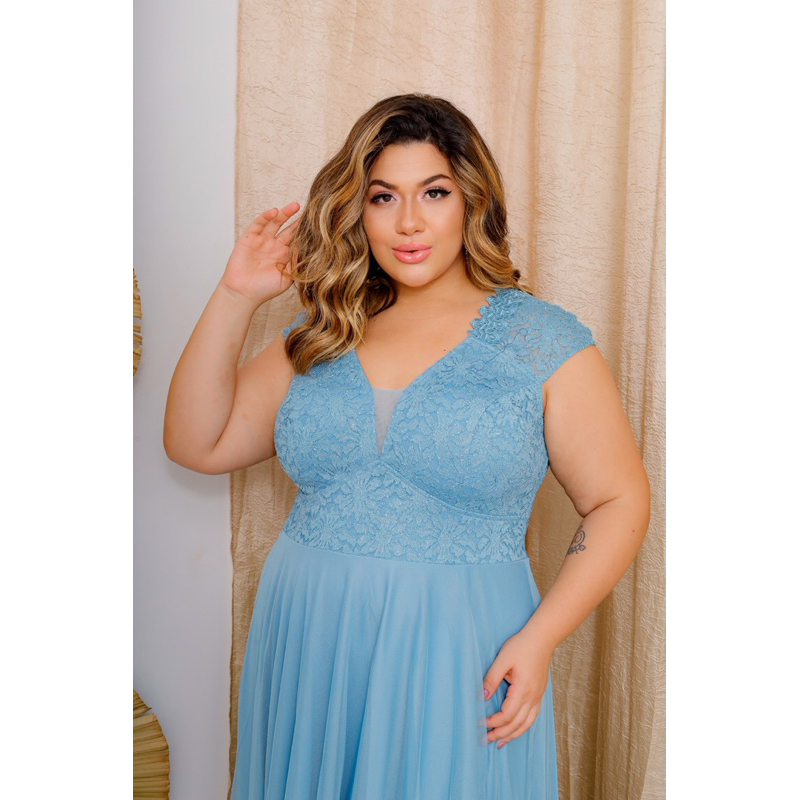 Vestido plus size azul serenity tule madrinha de casamento