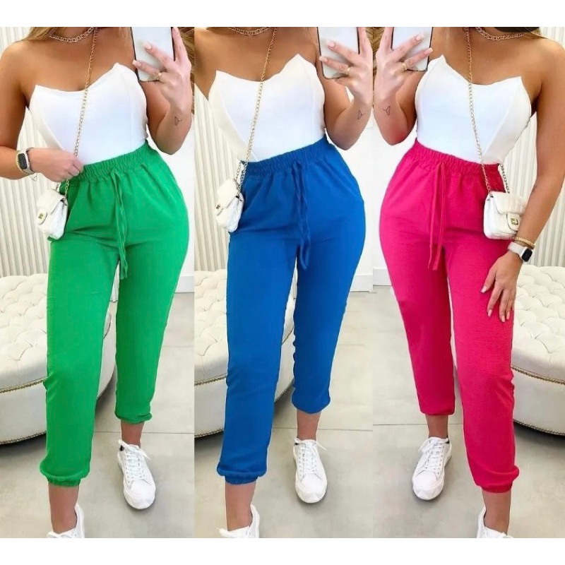 Calça Feminina Jogger de Linho com Punho de Amarrar