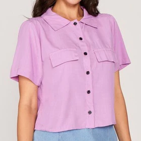 Blusa Feminina Cropped Camisa Com Dois Bolsos Falso Social Botões Em Viscolinho verão 2023