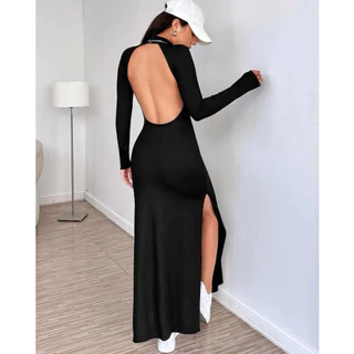 Vestido novo manga longa costas nua com fenda na perna longo