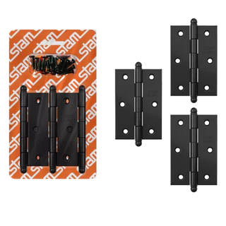 Kit 3 Dobradiças Porta de Madeira Stam Pretas com Parafusos