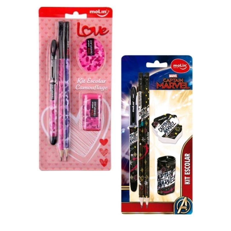 Kit Escolar Marvel ou Love - Molin - 2 lápis preto, 1 caneta, 1 ...