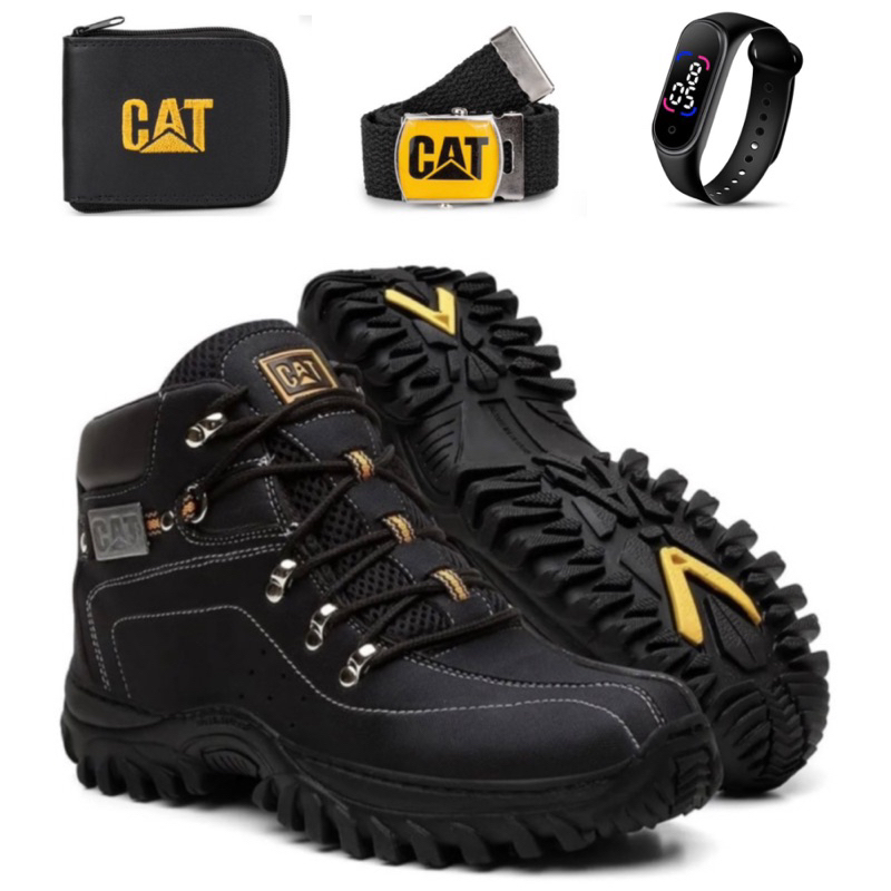 Kit Bota Masculina Caterpillar De Couro Confort Reforçado Impermeável + Relogio Cinto E Carteira CAT