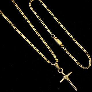 Kit Correntinha Cordão + Pulseira Piastrini Banhado A Ouro 18k Pingente Crucifixo 60cm 70Cm