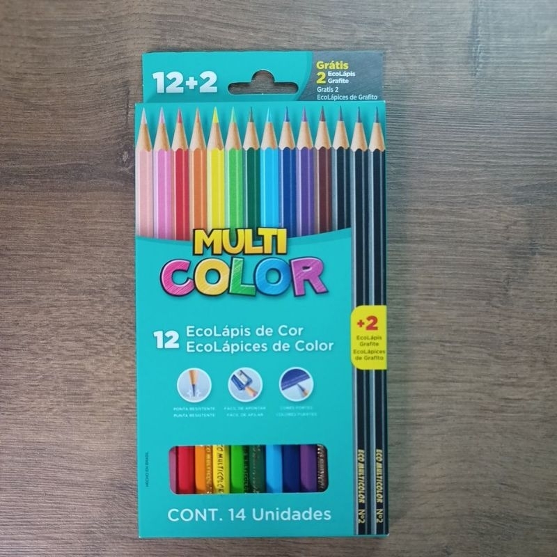 Lápis de Cor c/ 12 cores + 2 lápis de escrever - Multicolor