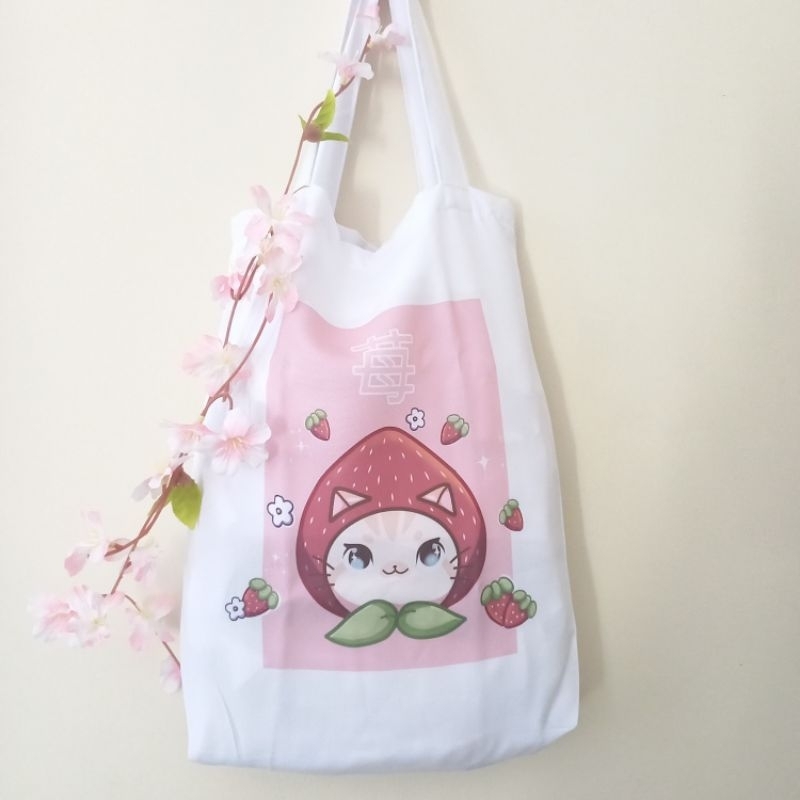 Ecobag Gato Morango Bolsa/Sacola + BRINDE 100% Ecológica - Kawaii Aesthetic  Indie Fofo