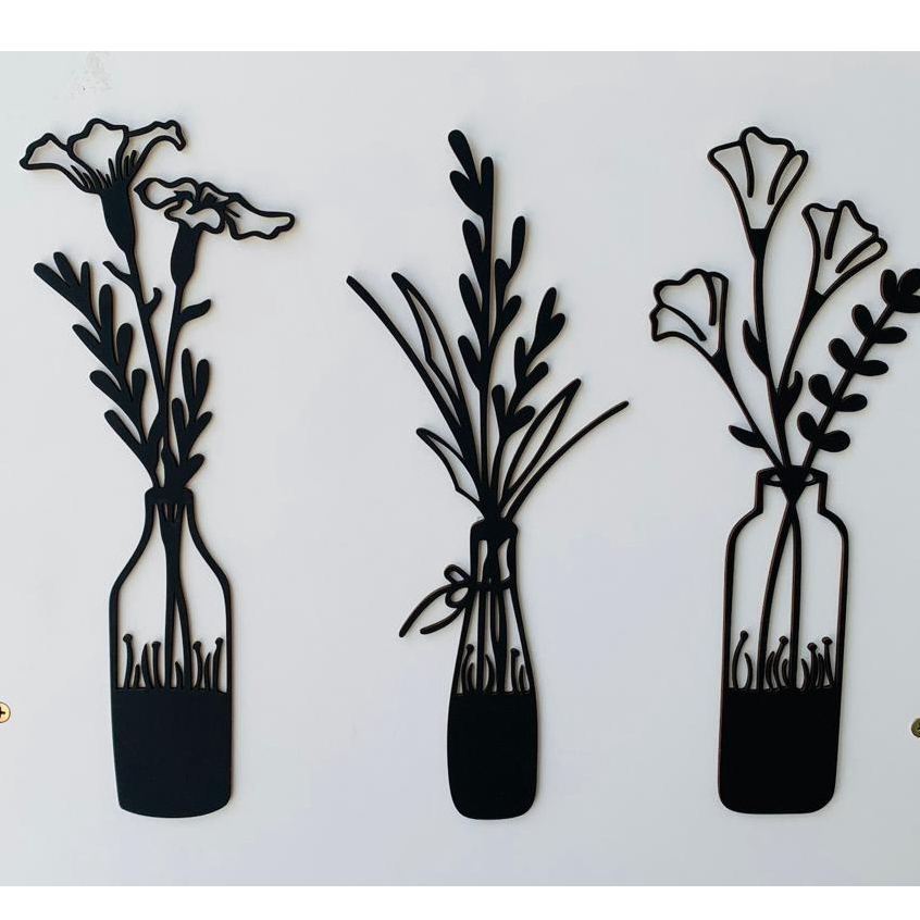 Kit 3 Quadros Flores na Garrafa Decorativo Mdf 3mm