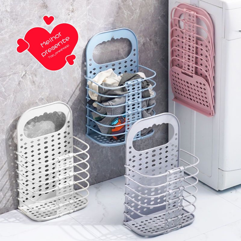 Cesto Organizador Roupas Sujo tamanho G Multiuso Grande COM GANCHOS Dobrável De Parede Plástico Cesta
