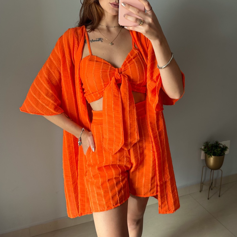 Conjunto três peças cropped short e kimono estampado laranja – Lavinny Store