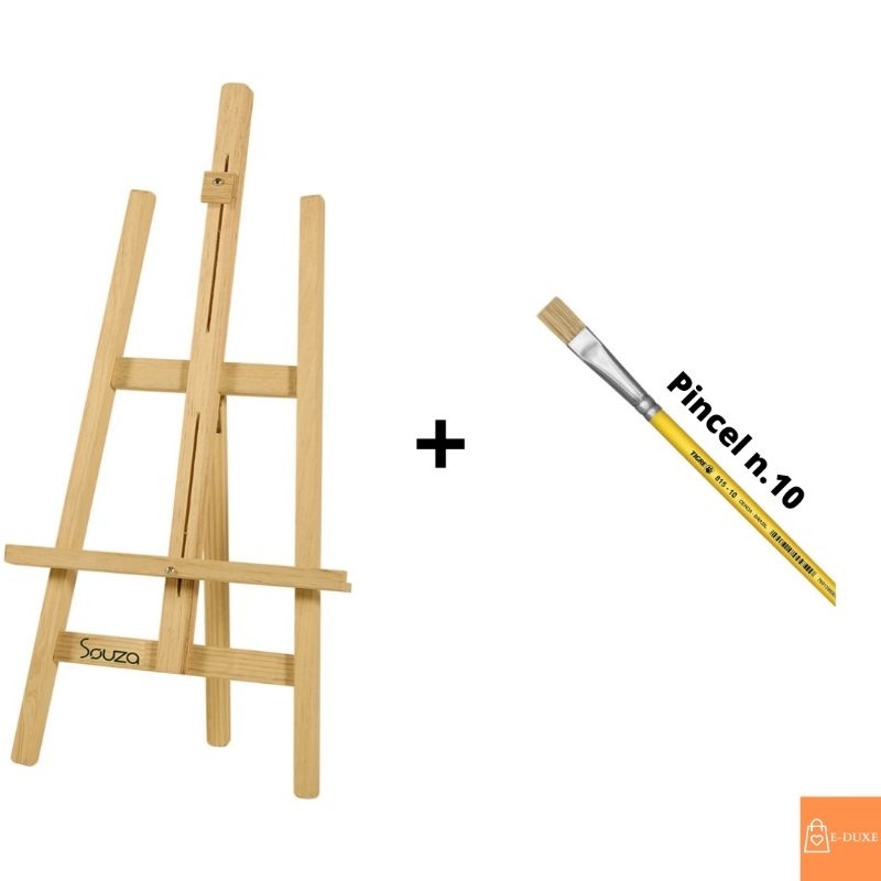 Cavalete de Pintura 75cm Madeira Pinus Souza com Pincel Tigre Chato N.10