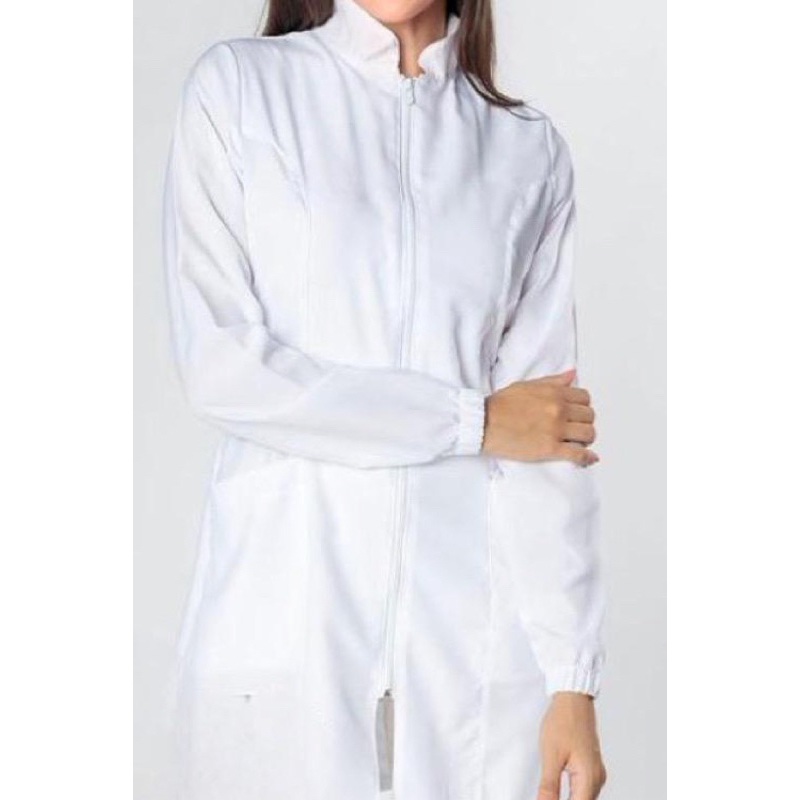 jaleco acinturado zíper branco manga longa Gabardine premium direto da fábrica