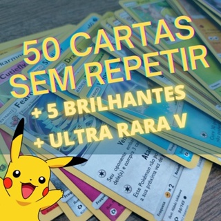 200 Cartas Pokemon Original c/ 05 Brilhante + 1 Ultra Rara V - Ri