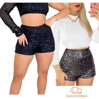 Short Paetê Curto Cintura Alta feminino Balada cos alto levanta bumbum festas