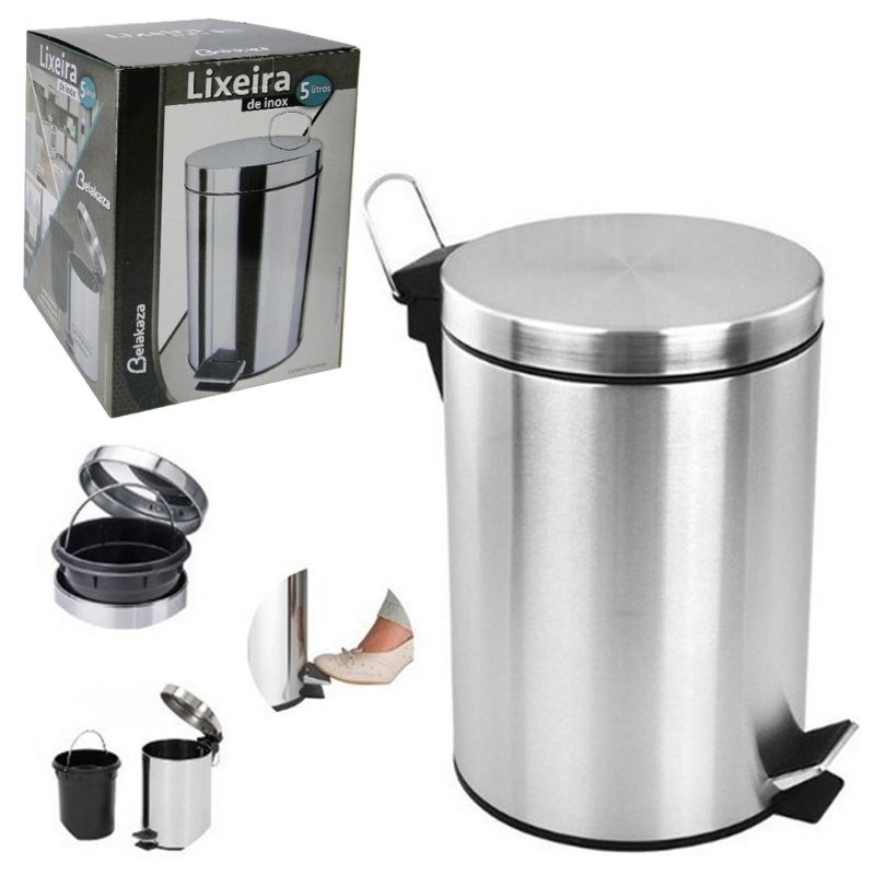 Lixeira Lata De Lixo Banheiro Com Pedal Redonda Litros De Inox E Balde Interno Removivel