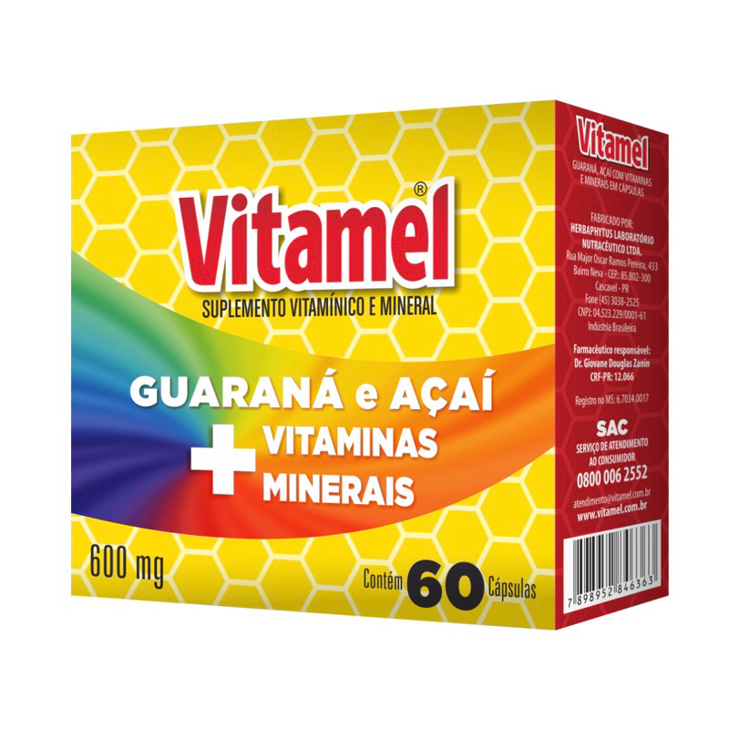 Vitamel Suplemento Vitamínico 600mg 60cápsulas Guaraná , Açaí ,Minerais ...