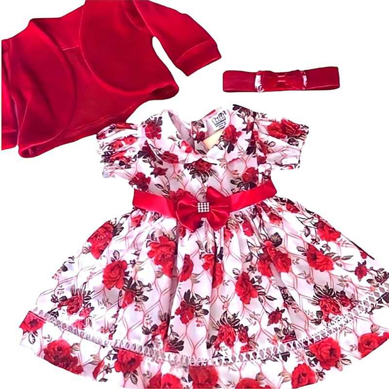 Vestido de Bebê com Tiara 100% Algodão Princesa Vermelho - Mundo