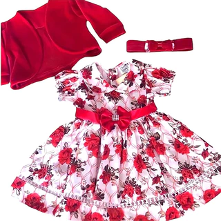 Vestido de Bebê Florido Vermelho com Bolero e Tiara 3 Peças 100% Algodão