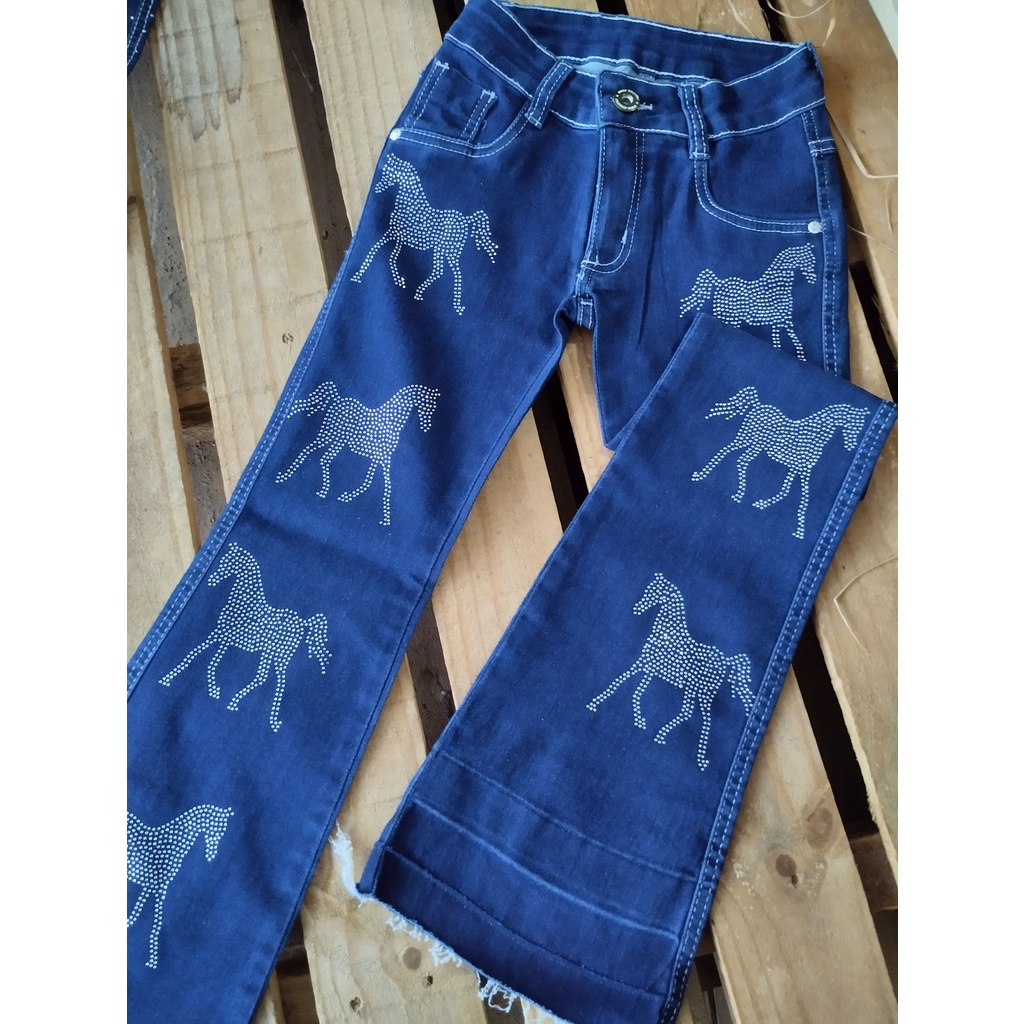 Calça Infantil Country Jeans Flare Cavalinhos Strass
