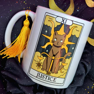 Caneca Cerâmica Místico Gatos Cartas de Tarot Justice Justiça Gatinhos Fofinhos 325ml