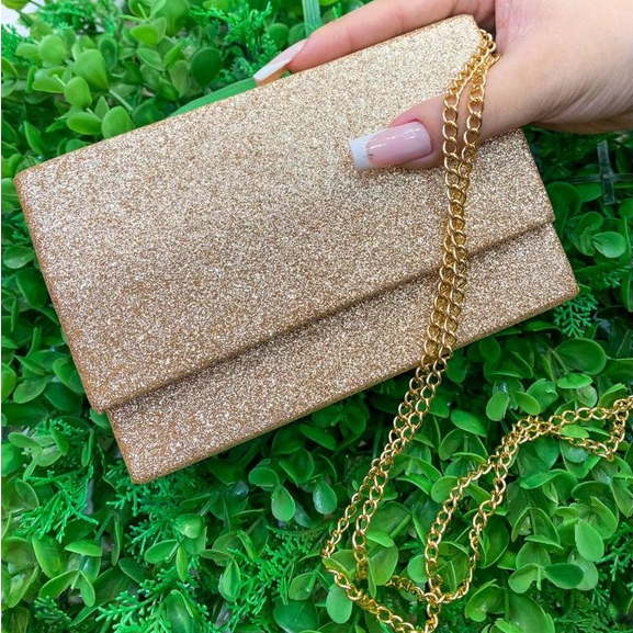 Bolsa Feminina Clutch Carteira de mão e ombro Brilhosa Dourada para ...