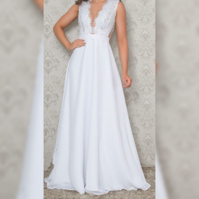 Vestido de Noiva Coleção Esmeralda 10 renda saia tule decote - NoivaBless