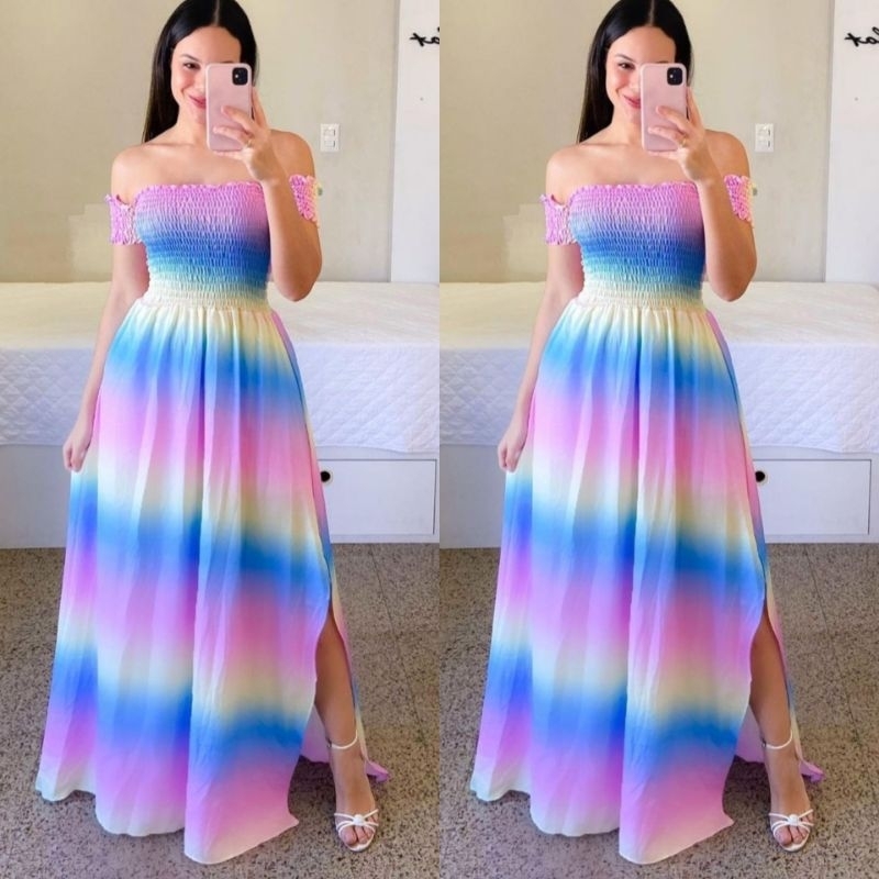 Vestido Longo de Festa Luxo Arco-íris Tardezinha Chá revelação | Shopee ...