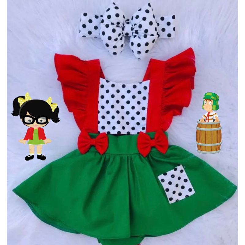 Romper Chiquinha Body Baby Salopete Fantasia Vestido Jardineira Infantil  Bebê Menina Chaves Óculos