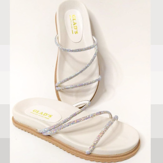 Sandália Feminina Rasteira Birken Off-White com tiras de cristais Papete Confortável