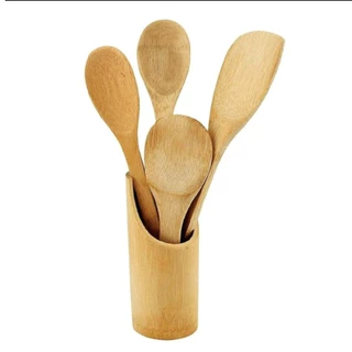 Kit 5 pçs Colheres Madeira Bambu Suporte Mesa Bambu Premium Clink