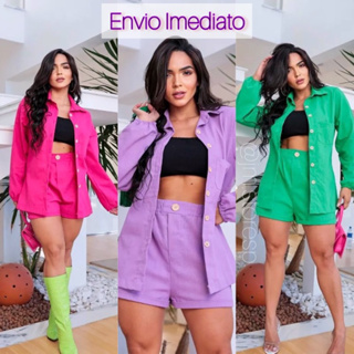 Conjunto Feminino Blazer/ Camisa e Short Linho c/ Botões, Virginia Moda