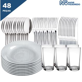 Jogo de Pratos 6 Peças e Jogo de Copos 6 Peças Nadir + Jogo de Talheres Inox 36 Peças Martinazzo