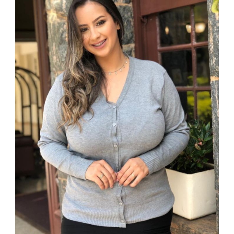 casaco de tricôt plus size feminina inverno com fechamento em botão manga longa 0327