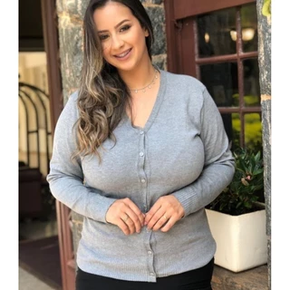 casaco de tricôt plus size feminina inverno com fechamento em botão manga longa 0327