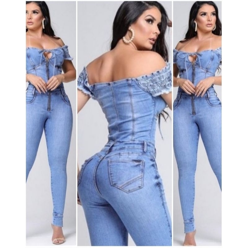 Macacão Jeans Feminino Ciganinha Ombro a Ombro Realeza Conforto