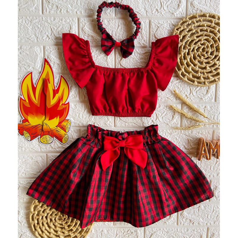 Conjunto xadrez vermelho quadriculado moda gringa cropped e saia aesthetic  blogueira colegial suplex