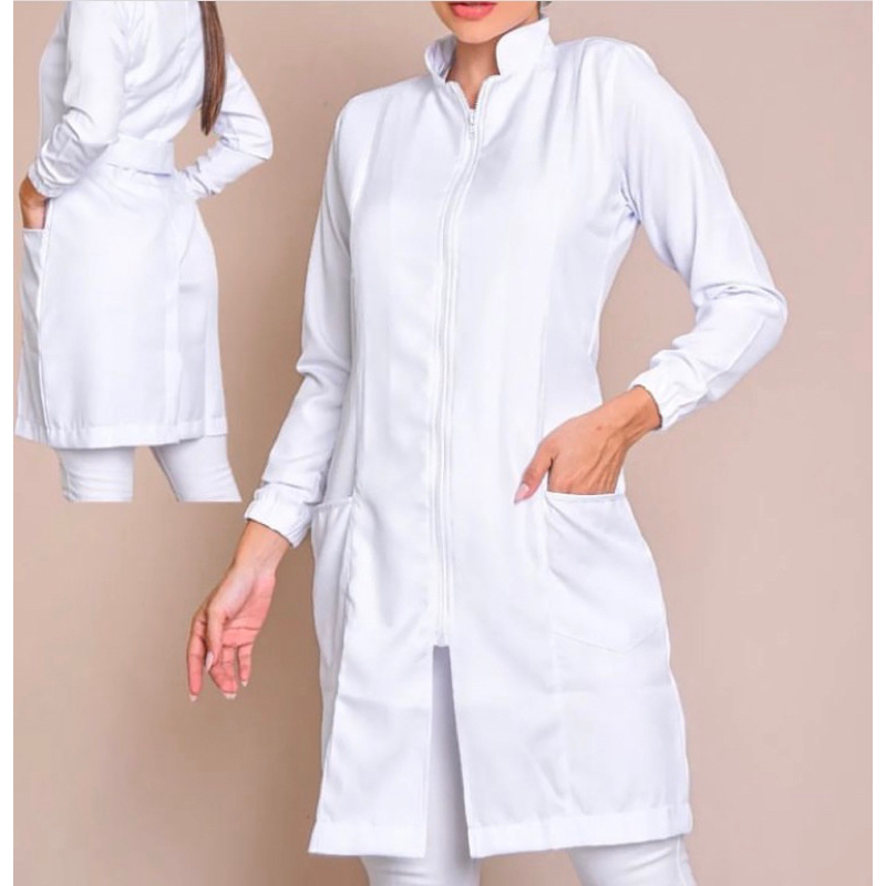 jaleco manga longa branco médica enfermeira Oxford premium feminino.
