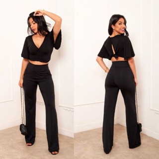 Conjunto Feminino Calça Pantalona + Cropped Cintura Alta com bolsos Preto Preta look trabalho festa básico