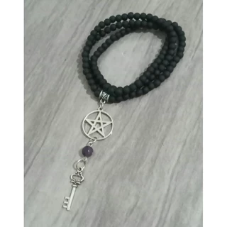 Colar contas chave de Hekate pentagrama pedra hematita bruxa bruxaria Wicca