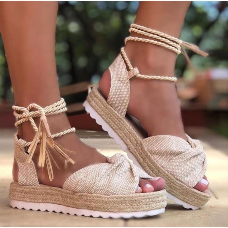 Sandália de Amarrar flatform corda Anabela Tratorada feminina