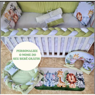 kit berço para berço padrão americano ou nacional Safari verde aquarela 10 peças