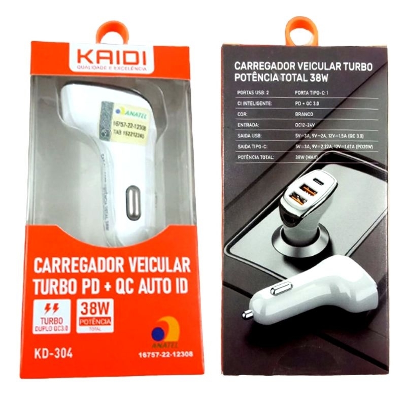 Carregador Veicular Turbo 38W Kaidi KD 304 PD QC Auto ID 3 Entradas 2 