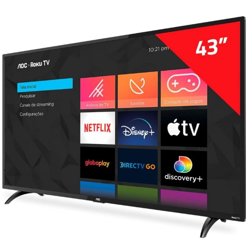 Smart TV LED 43” Full HD AOC Roku 43S5195/78 com Wi-fi, Controle Remoto com Atalhos, Roku Mobile, Miracast, Entradas HDMI e USB